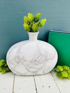 Modern white faux marble ceramic vase oval shaped contemporary decorative vase